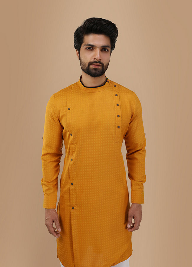 Mustard Yellow Self Design Asymmetrical Kurta image number 0